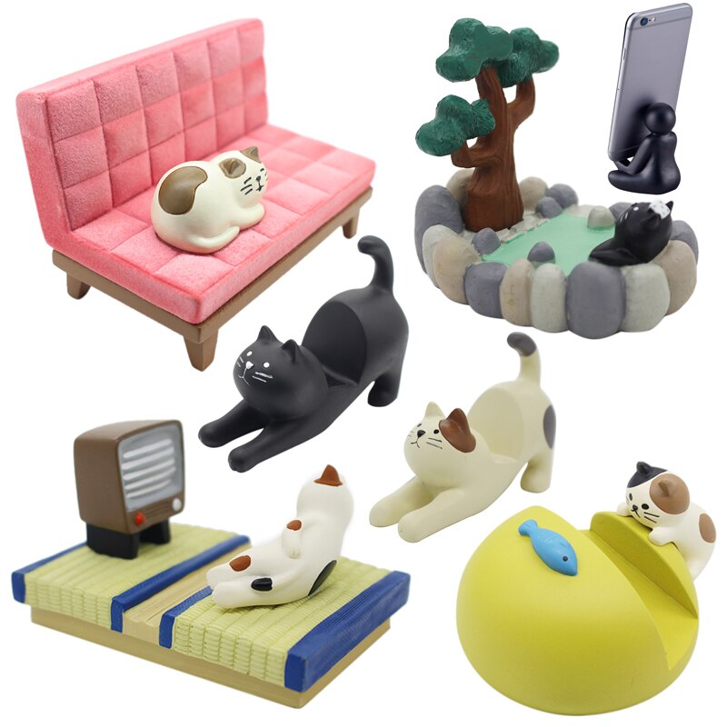 Japan Leuke Kawaii Cartoon Maneki Neko Calico Zwarte Kat Stretch Tv Kijken Warmwaterbron Telefoon Houder Cijfers Desktop