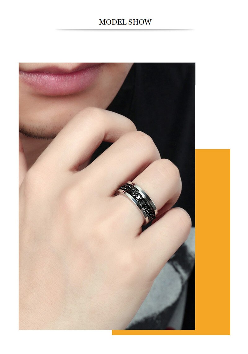 Punk Rock Men Spinner Ring Titanium Stainless Steel Gold Black Chain Rotable Rings For Women Accessories Size 6-10