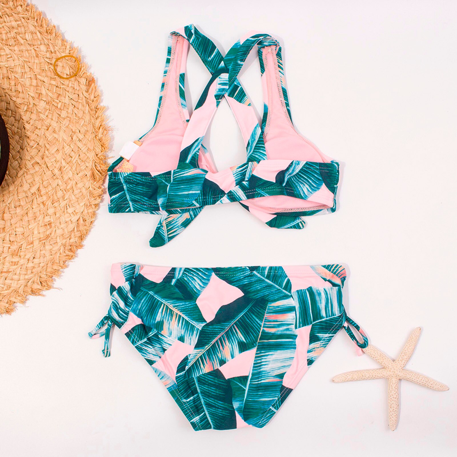 Beach Wear Swimsuits For Children Kids Swimwear Toddler Girls Kids Swimsuit Tropical Leaves Print Beach Cross Bandage Split Suit