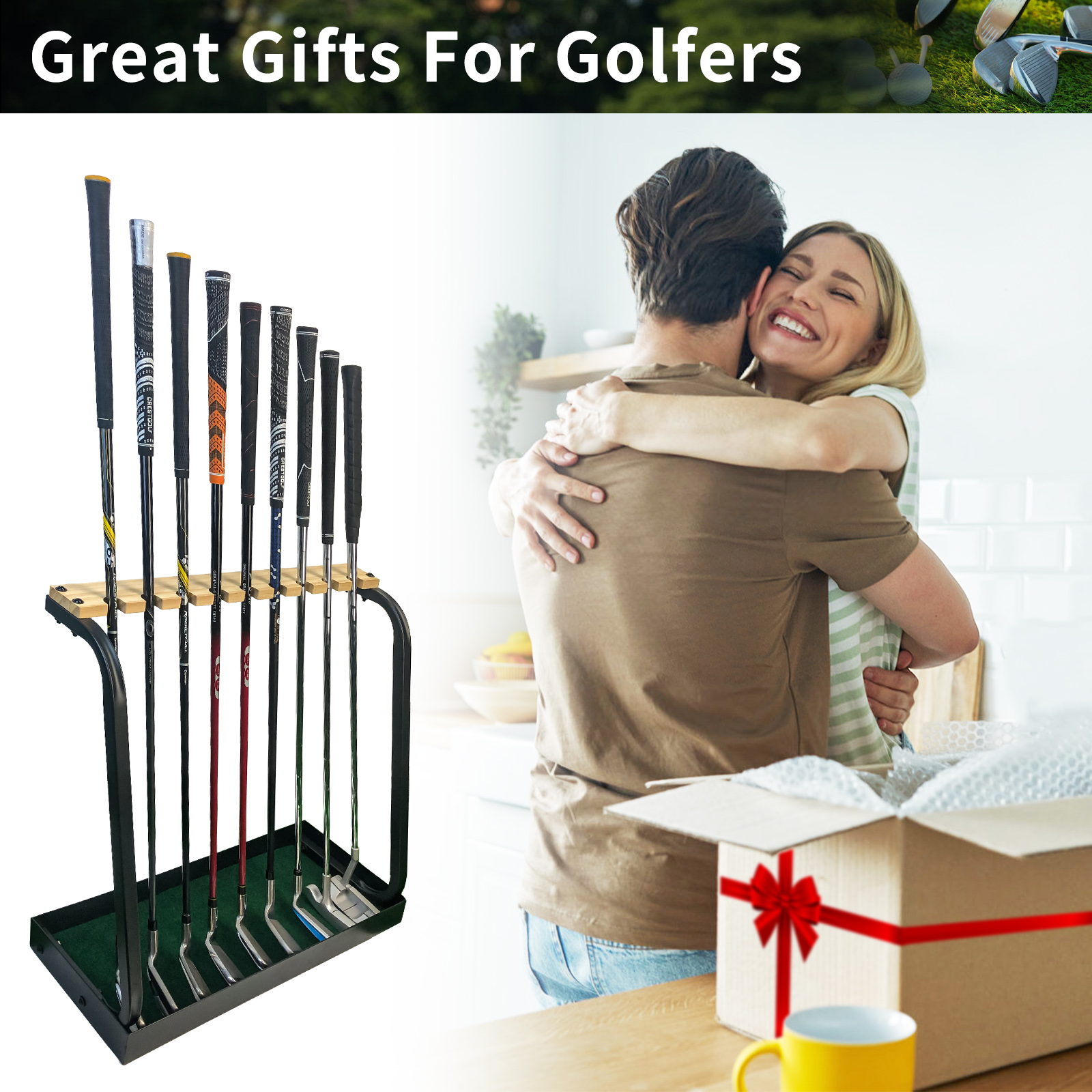 Golf Club Holder Wooden Golf Club Rack for 9 Golf Clubs Golf Putter Stand Display Organizer for Storage Indoor Home Garage