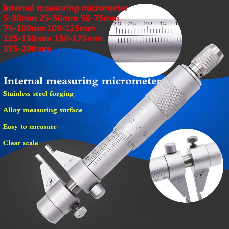 Micrómetro interior de 0,01mm, herramienta de medición de tornillo de trinquete de carburo métrico, 5-30mm 25-50-75-100-125-150-175-200mm
