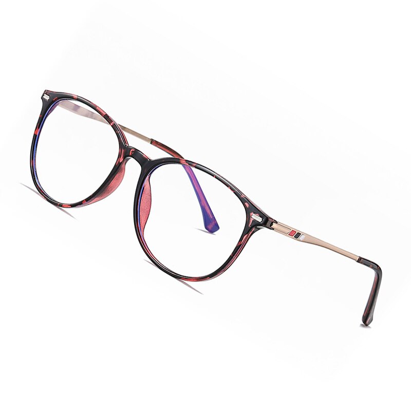 AOFLY BRAND Round Blue Light Blocking Glasses Women Men Myopia Prescription Eyeglasses Alloy Temple Optical Eyewear Frame: C4Leopard Red