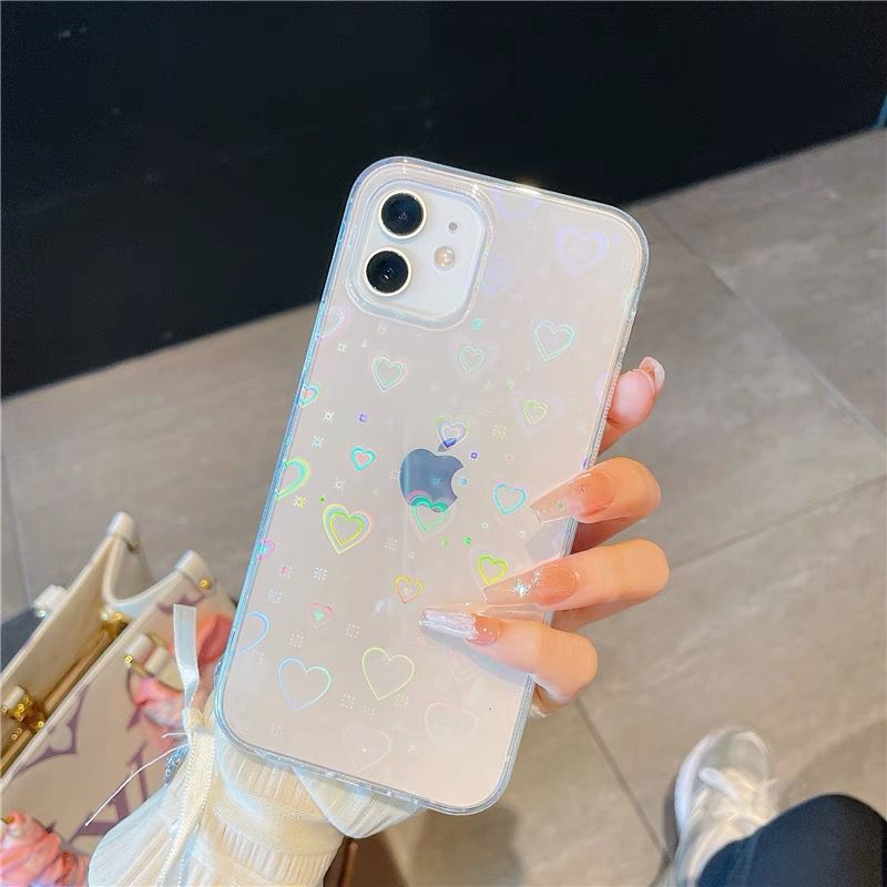 Holographic Heart Iphone Phone Case Clear Phone Case For 11 12 Pro Max X XS XR 7 8 Plus SE Shockproof Bumper