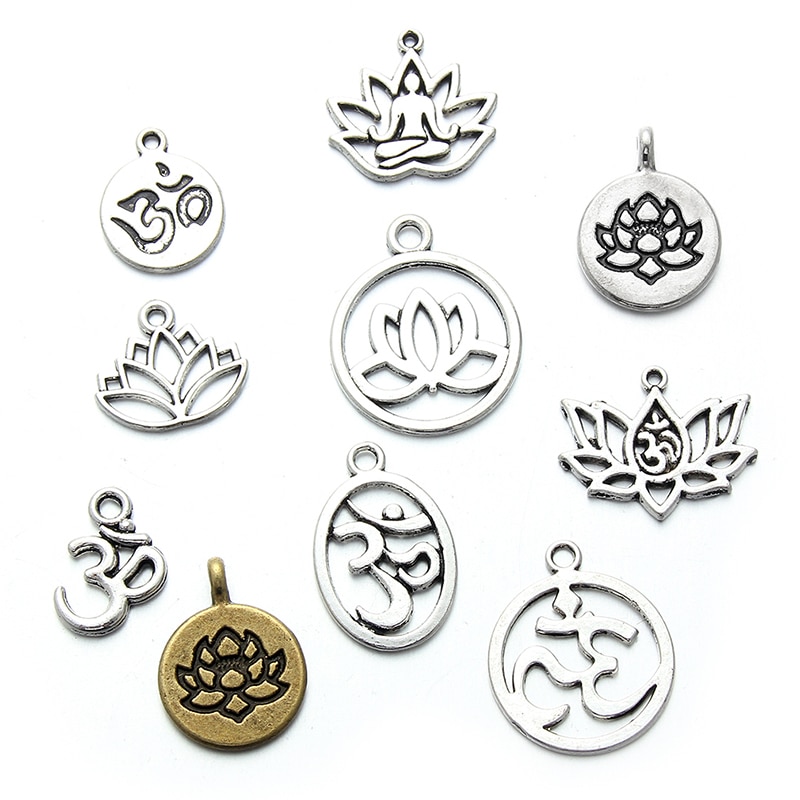 10pcs/lot Mix Styles Tibetan Silver Lotus Flower Yoga OM Charm Pendants Jewelry Accessories Bracelet Jewelry Findings DIY