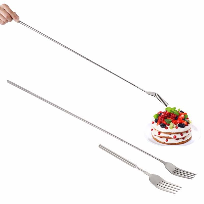 Fourchette télescopique extensible en acier inoxydable, argent pour dîner Dessert aux fruits couverts longs fourchettes BBQ fourchette à viande accessoires de cuisine