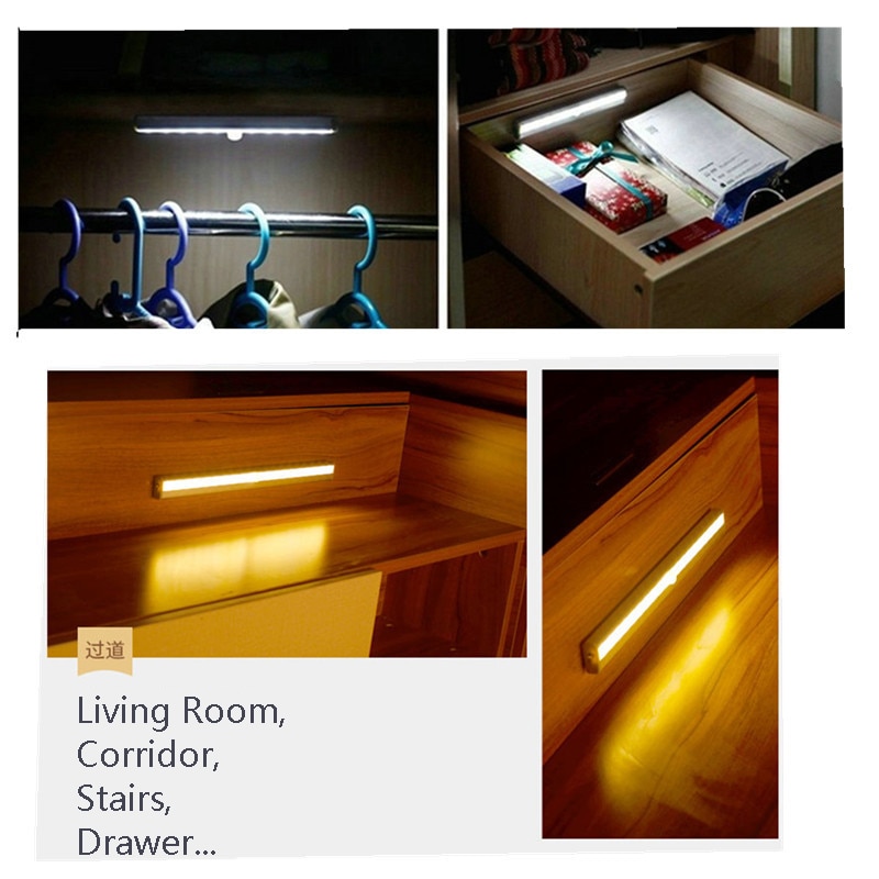 10 LED Motion Sensor Under Cabinet Light Bar Closet Home Bedroom Counter Lamp Warm White/ Cool White Choose