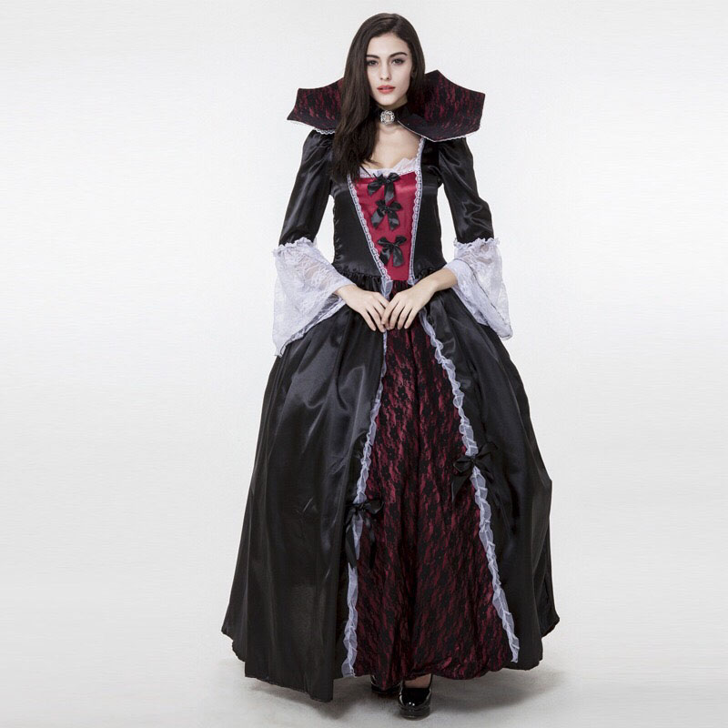 Disfraz de vampiro Versalles gótico para mujer, vestido de encaje de longitud completa, negro oscuro, con cuello alto, para Halloween