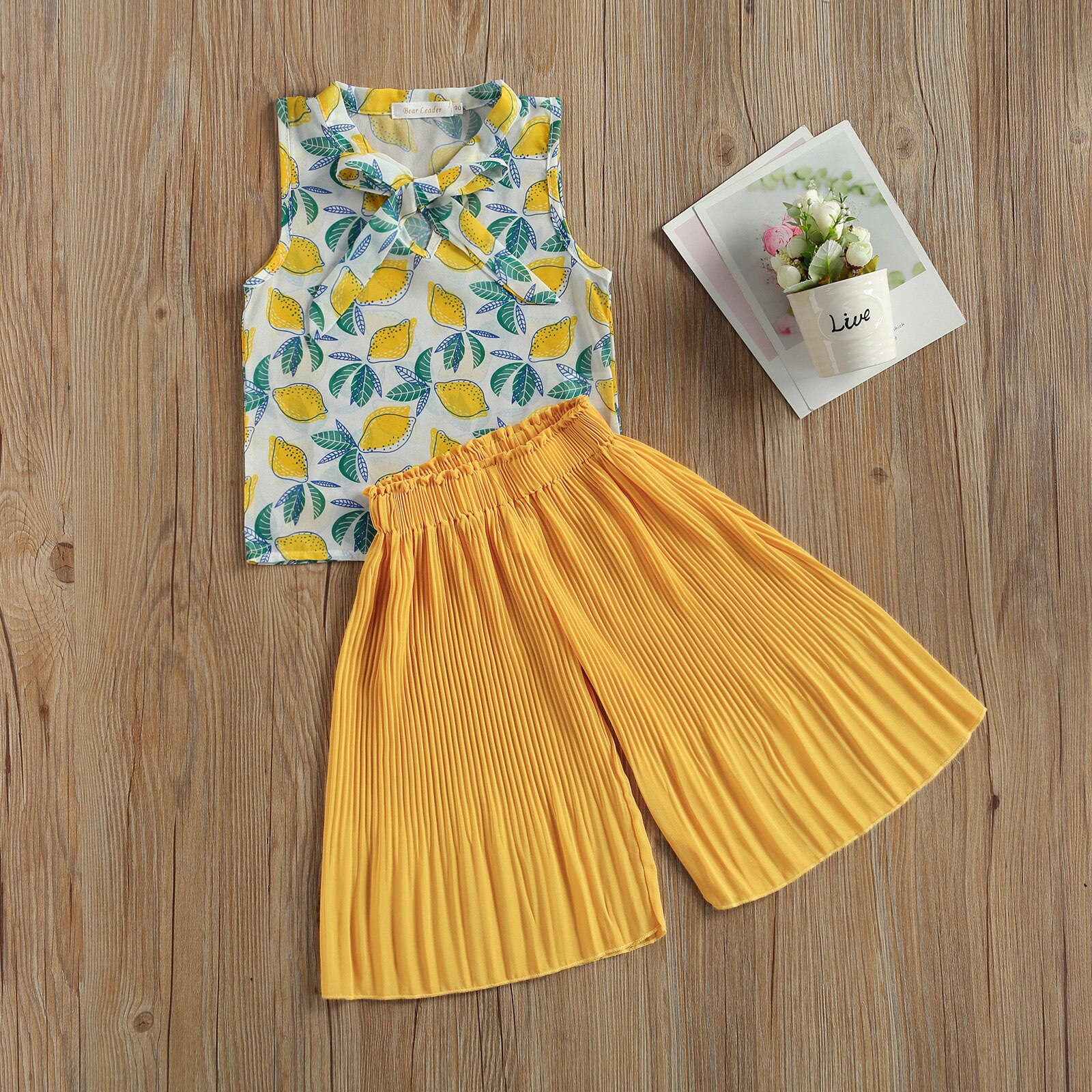 FOCUSNORM 3-7Y Summer Kids Girls Clothes Sets Flowers Print Bow Sleeveless Vest Tops Wide Leg Pants