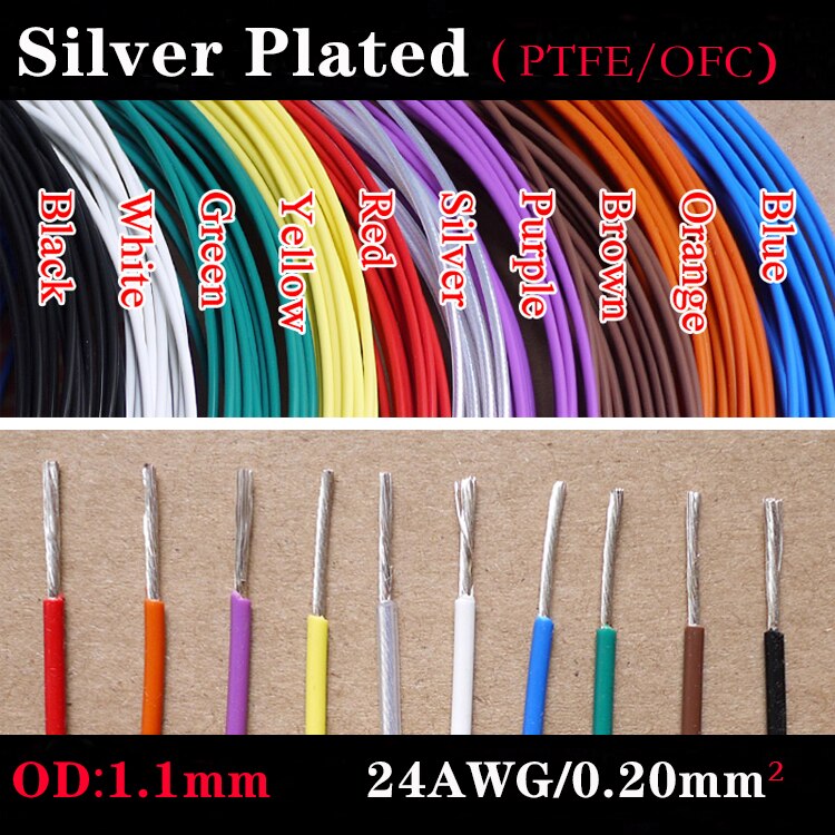 OD 1.1mm 24AWG PTFE Silver Plated Wire Insulated High Temperature Soft Electron Cable OFC Copper DIY Headphone Single Line