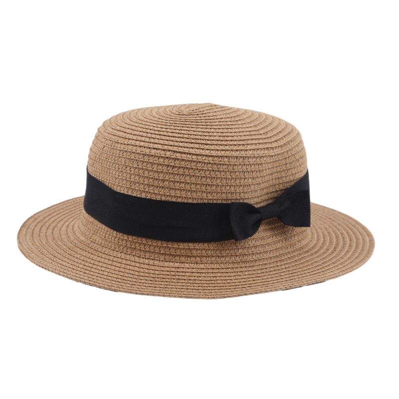 Summer women's Straw Hat Travel Shade Leisure Beach Hat Vacation Flat Eaves Bowknot Shade Sun Hat: Light coffee