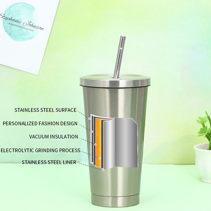 500ml Stainless Steel Coffee Mug With Lid Beer Mugs For Tea Cup Metal Cup Drink Straw Drink Straw Travel Cups for Home