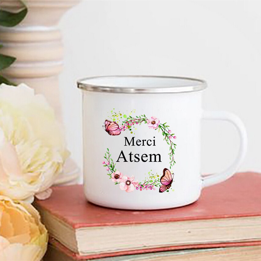 Merci atsem blomma tryck muggar kaffe te koppar drycker vatten mjölk kopp emalj mugg skolhandtag drinkware atsem: Xh10038-a015wh-8