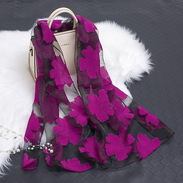 printemps Organza soie écharpe femmes de luxe broderie longue écharpe Hijab hiver dentelle foulards châle pour fille accessoires: VIOLET