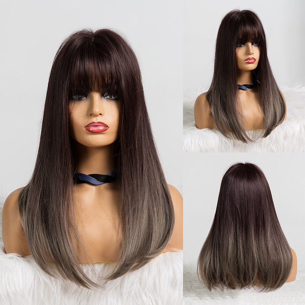 Easihair Medium Lengte Donkerbruin Rechte Synthetische Pruiken Met Pony Voor Vrouwen Bob Pruik Hittebestendige Cosplay Party Pruik Dark pruik: LC239-1