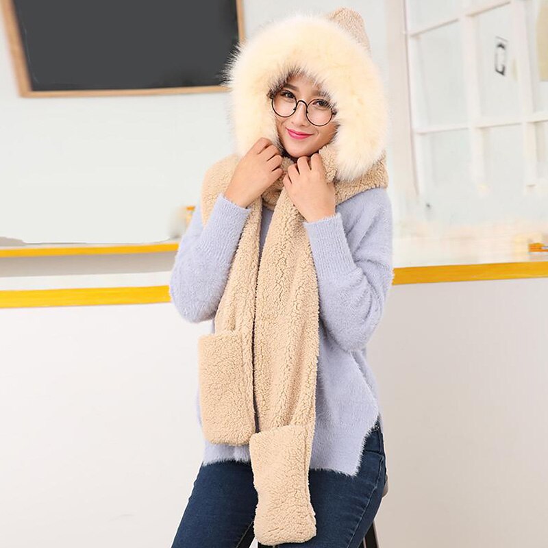 Dames meisjes muts sjaal handschoen driedelig trendy winddicht fietsen schattig pluche koraal fluweel warme capuchon sjaals handschoenen