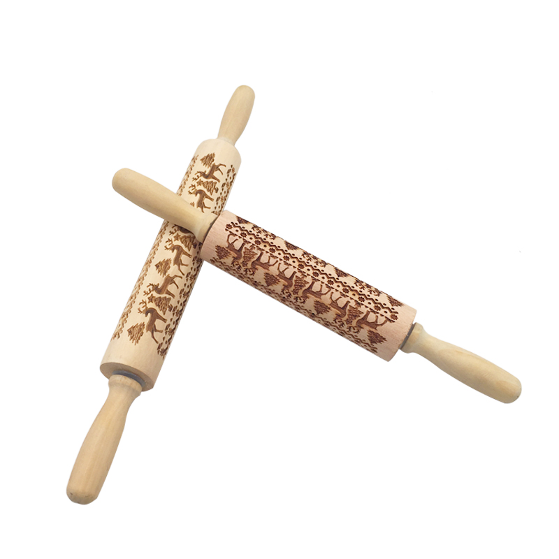 Kerst Embossing Rolling Pin Koekjes Bakken Noodle Biscuit Fondant Taart Deeg Gegraveerde Roller Rendier Houten Deegroller