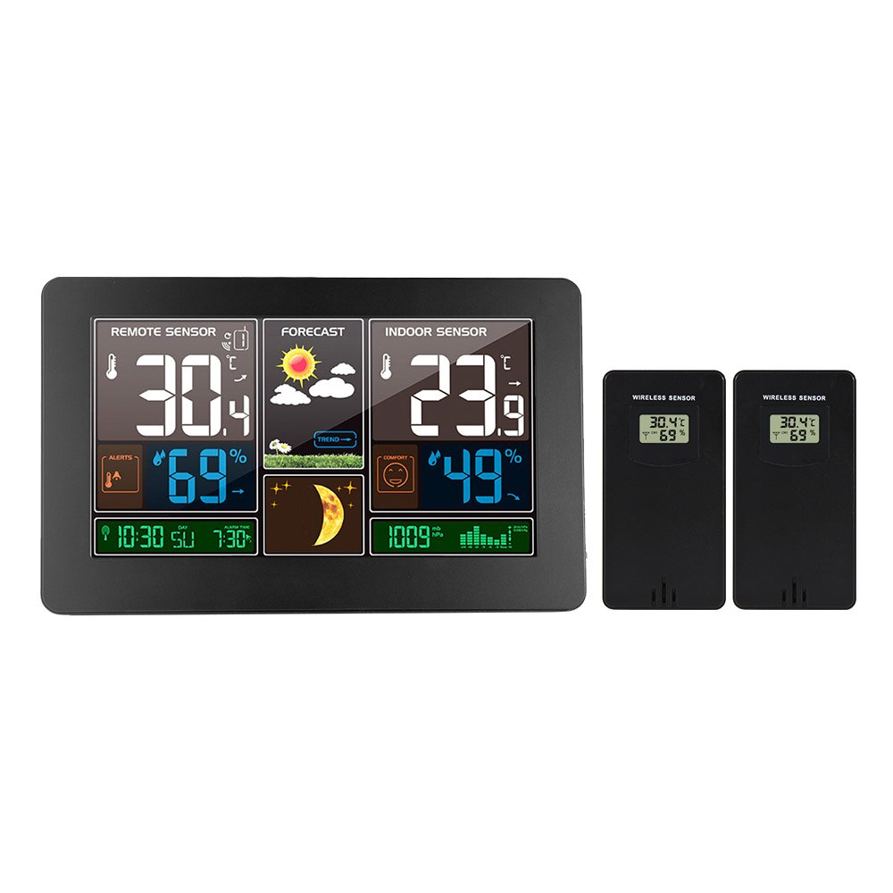 Reloj de pared Digital, estación meteorológica con 3 sensores, termómetro inalámbrico para interior y exterior, higrómetro, barómetro, pronóstico, reloj moderno, 40 ℃: Black 2