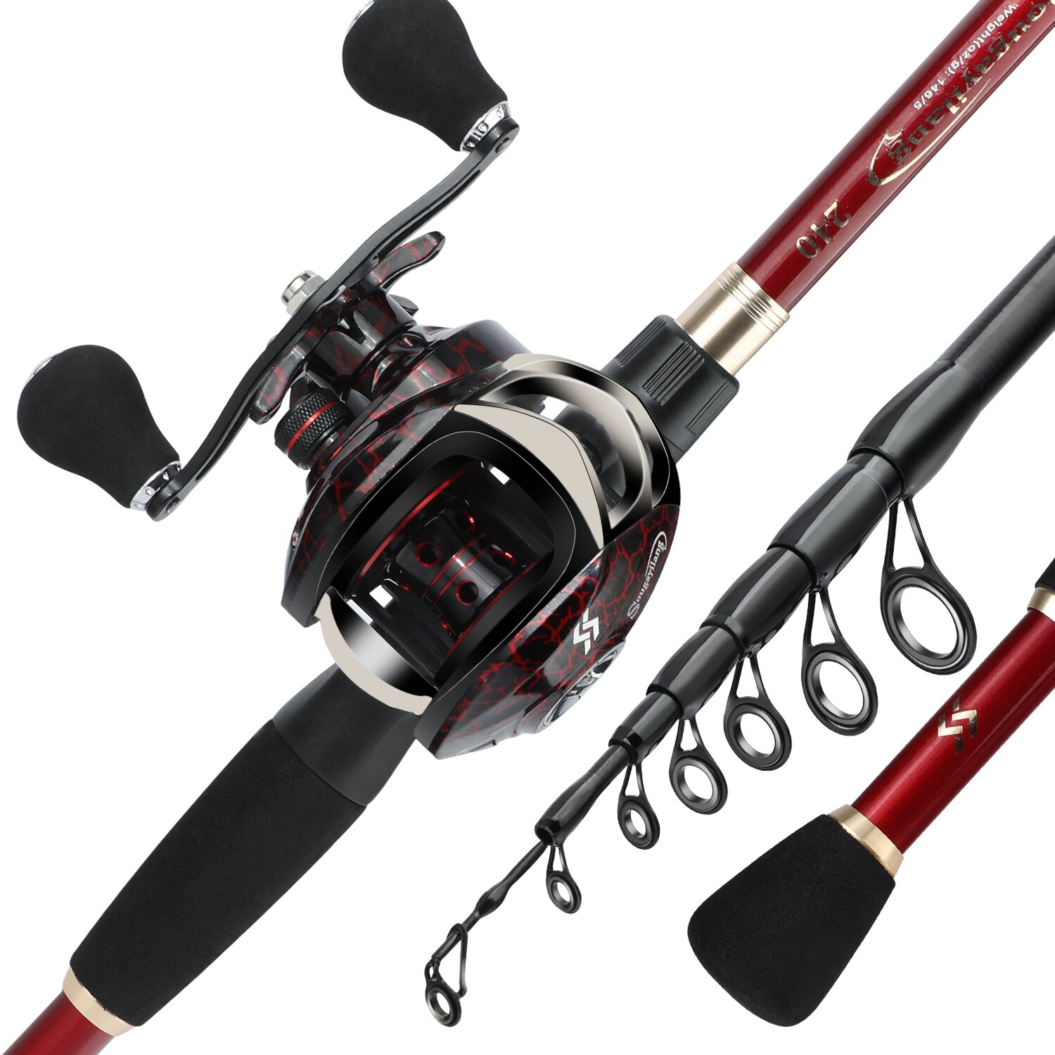 Sougayilang Casting Angelrute und Baitcastingrolle Set Teleskop Hohe Carbon Stange 18 + 1BB Doppel Griff Angeln Reel: brown / 1.8M and Left hand