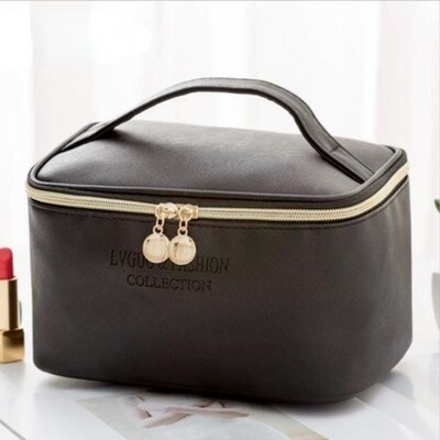 Neceser grande de piel sintética para mujer, bolsa de maquillaje impermeable con cremallera, neceser de viaje, organizador de maquillaje, estuche de belleza, 1 ud.: L-Black