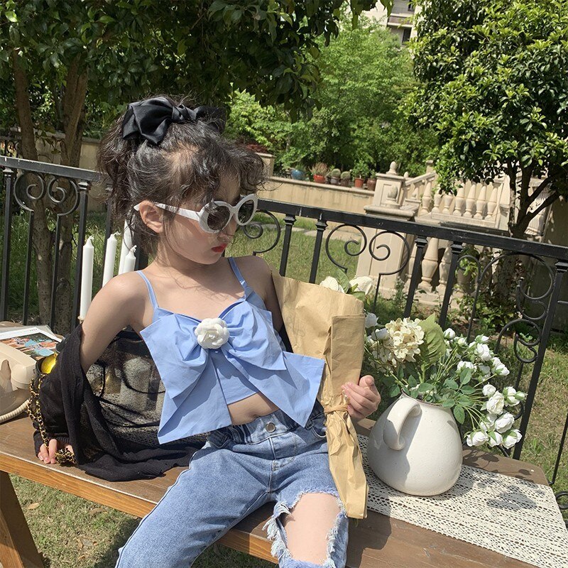 Netto Rood Met Hetzelfde Meisje Hemdje Zomer Midden-Aged Jongen Strik Korte Navel Top: Blauw / 9