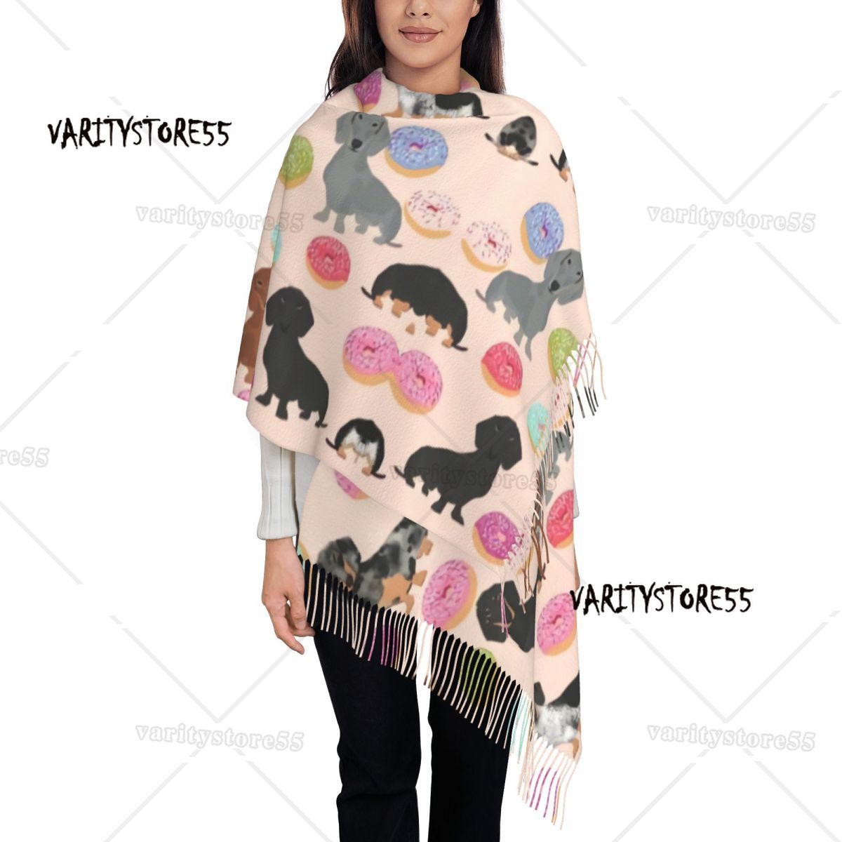 Doxie Florals Dachshund Scarves Women Winter Fall Soft Warm Tassel Shawl Wraps Badger Sausage Dog Scarf