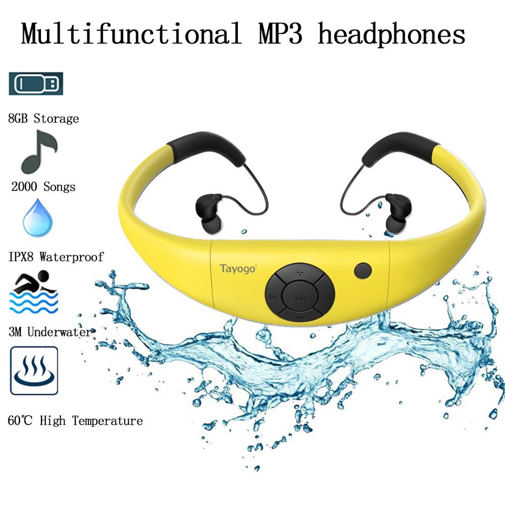 Tayogo 8G IPX8 Waterproof MP3 Newest Swimming Diving Music Player Built-in Player Neckband Stereo Sport Earhook Audio Headset: yellow