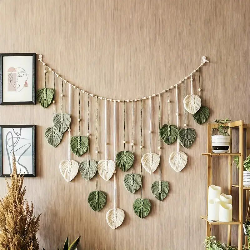 Boho Home Decoration, Macrame Tapestry Macrame Leaf Feather Muur Hangende Decor voor Woonkamer Slaapkamer, Boho Wall Art Home Decor