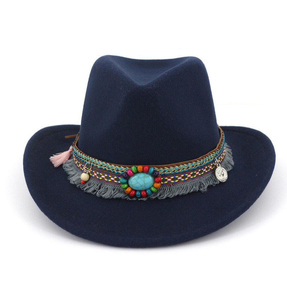 Women Wool Western Cowboy Hat With Tassel Ribbon Wide Brim Jazz Hat Sombrero Hombre Hat: Dark Blue