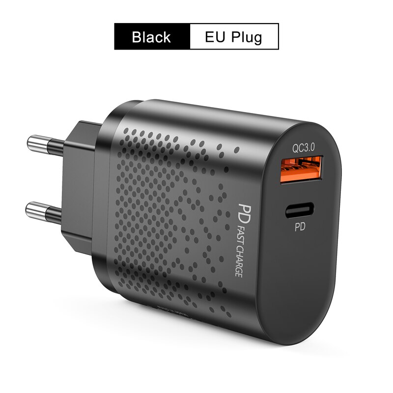 Lovebay dupla usb carregador qc3.0 3a pd rápido carregador ue eua tablet parede adaptador do telefone móvel para iphone 11 xs max samsung xiaomi: EU Plug Black