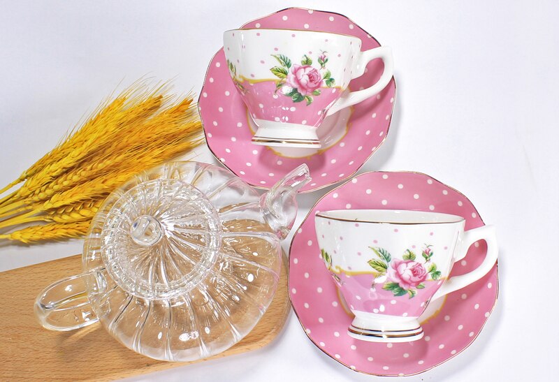 3Pcs Set, Glas Pompoen Koffie Pot En Bone China Espresso Cups, Porselein Pitcher, bloemen Thee Set, Tazas Cafetaria Koffie Set: A