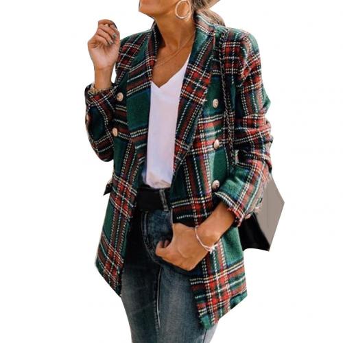 Señora de la Oficina de doble lado Cardigan lana cuadros Blazer cruzado chaqueta Otoño Invierno mujer Chaquetas TELA ESCOCESA chaquetas prendas de vestir exteriores: green / L