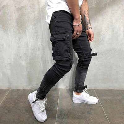 Skinny de motorista Jeans hombres Multi-Bolsillo vendaje Slim chándal pantalones para los hombres de la motocicleta ropa informal estilo hip hop botín pantalones de mezclilla: M