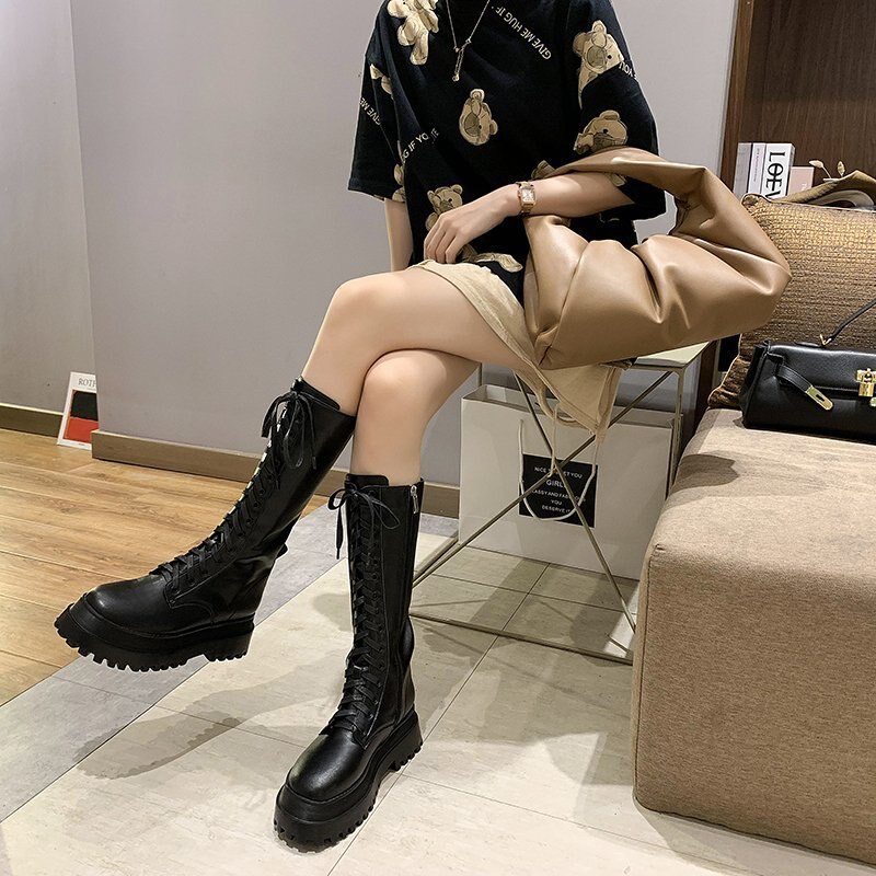 Mid-calf Boots Comfortable Shoes Elegent Lace-up Platform Boots Autumn All-match British Wind PU Leather Female for Female