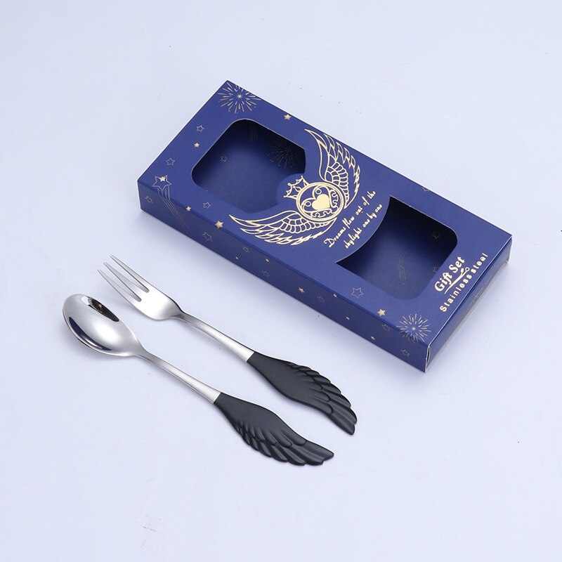 2 Pieces Dessert Spoon Fork 304 Stainless Steel Angel Wing Coffee Spoon Dessert Spoon Fruit Fork With Box: 02