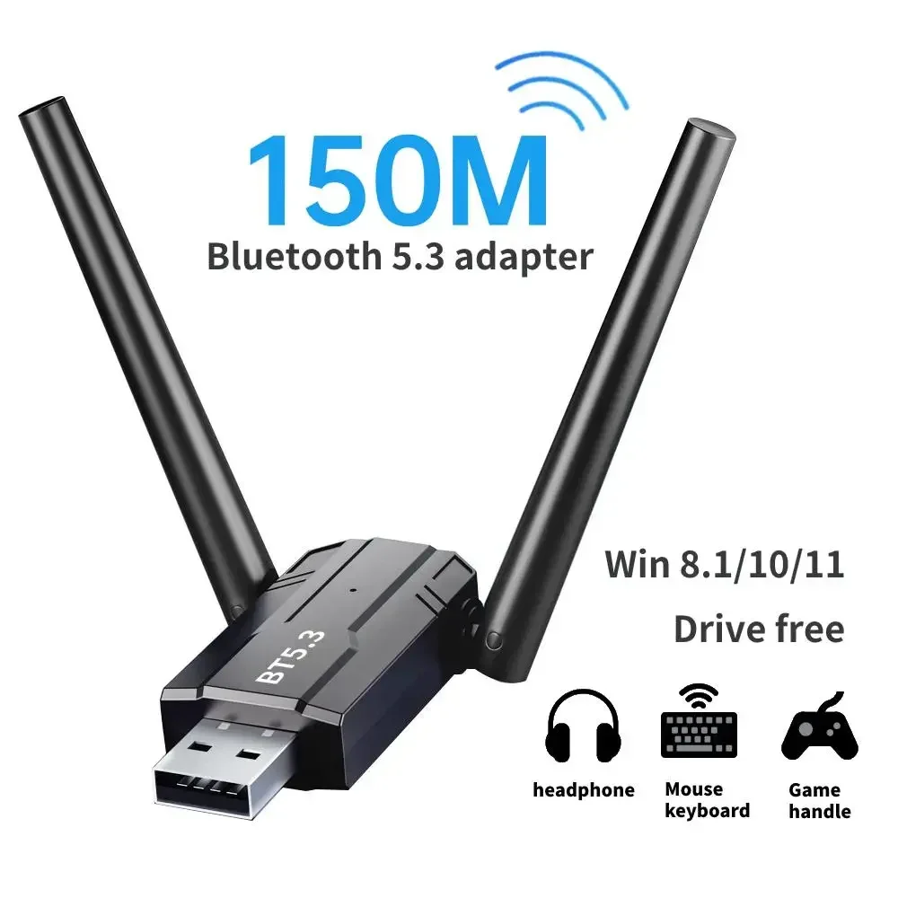 150M Bluetooth 5.3 5.0 Adapter Free Driver USB Bluetooth Dongle Adaptador for PC Windows 11/10/8.1 Mouse Keyboard Audio Receiver: Silver