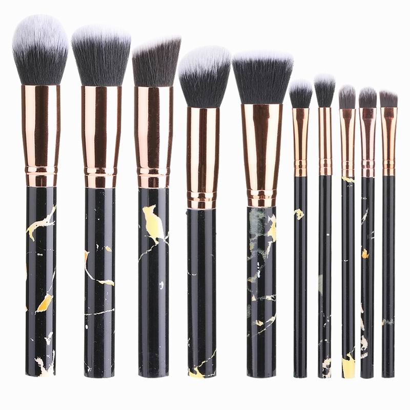 10 stk marmor makeup børster sett myk foundation pudder øyenskygge børste skjønnhet marmor makeup verktøy med sylinder: Bare sorte børster