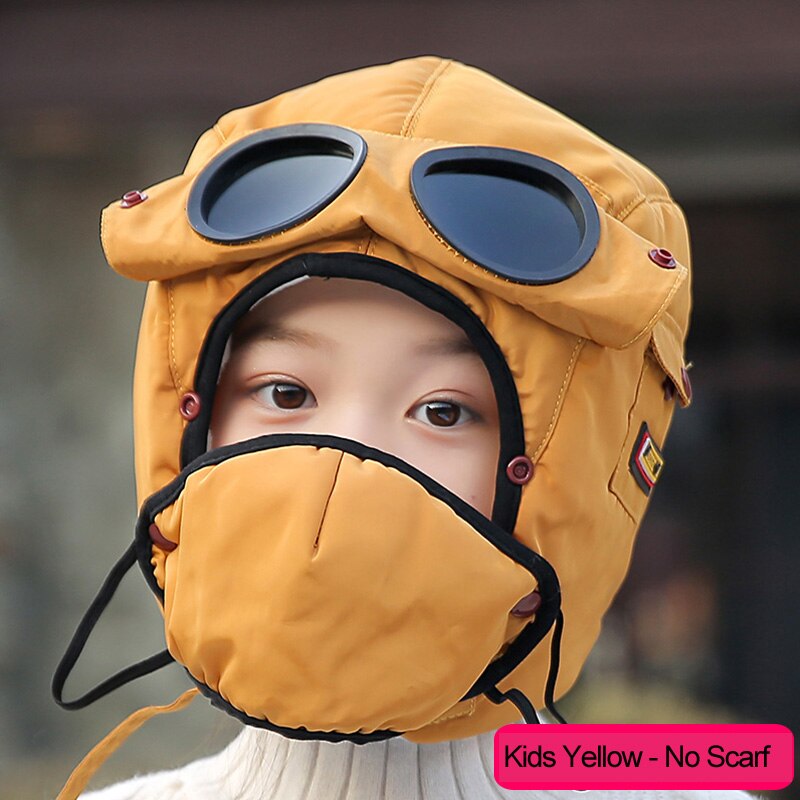 Warm Winter Wind Stopper Face Hats Outdoor Ski Masks Bike Cyling Beanies waterproof hood hat with glasses cool balaclava: Kids Yellow