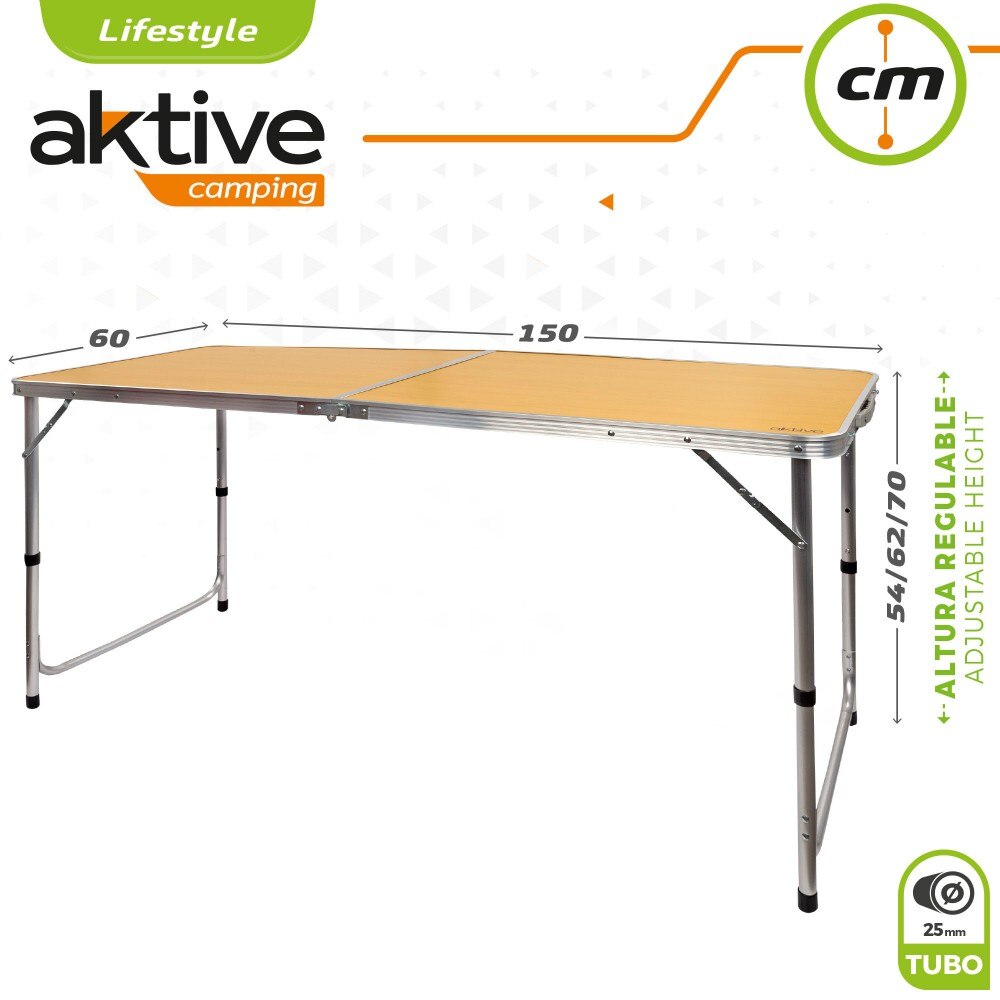 Mesa plegable altura regulable de camping madera Aktive, 150x60x70 cm, Mesa plegable camping, Mesas plegable aire libre