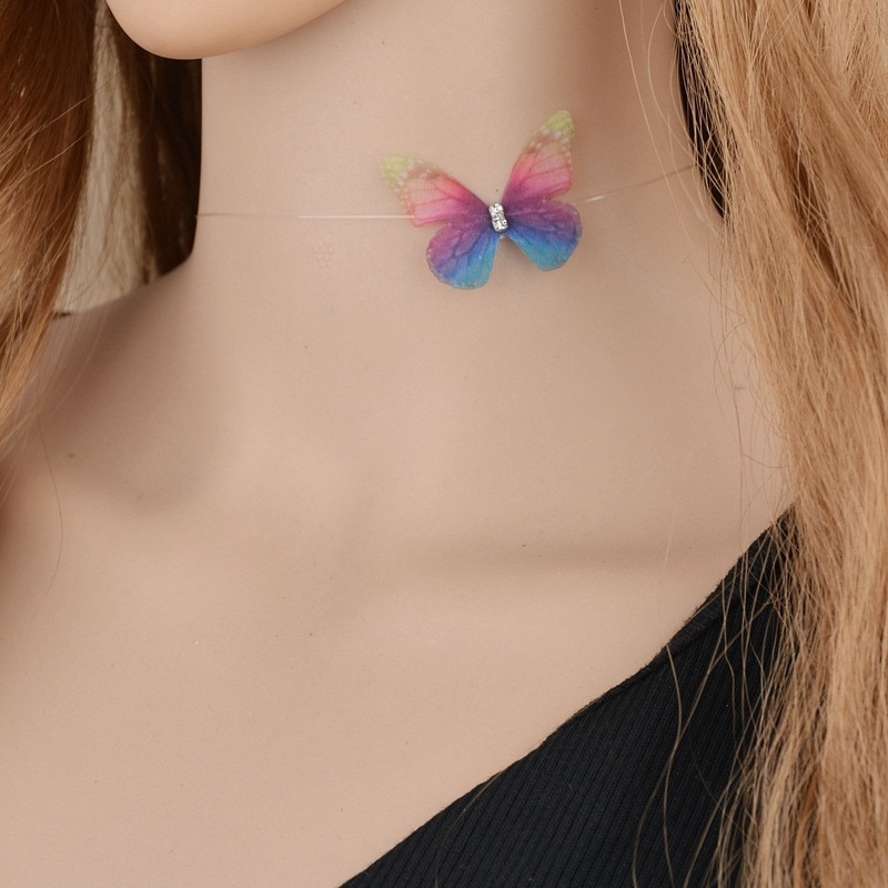 Neue Frauen Kristall Bunte 3D Garn Schmetterling Chocker Unsichtbare Fishline Seide Choker Halskette Anhänger Schmuck