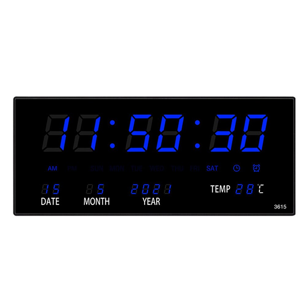 Large Electronic Wall Clock Light Sensing Temperature Date Power Off Memory Table Clock Wall-Mounted Calendar Digital LED Clocks: Blue / EU Plug