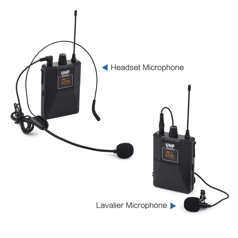 UHF Dual-Frequency Wireless Microphones Set with 1 Receiver 1 Transmitter 1 Lavalier Mic 1 Headset Mic for Teaching Meeting Live