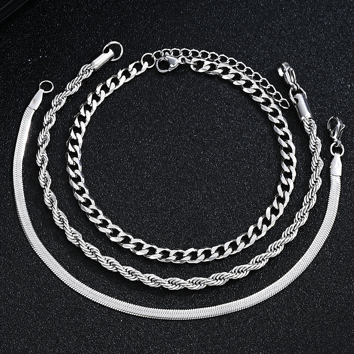 Simple Stainless Steel Silver Color Jewelry Sets for Men Unisex Punk Vintage Smooth Ring Necklace Bracelet Set