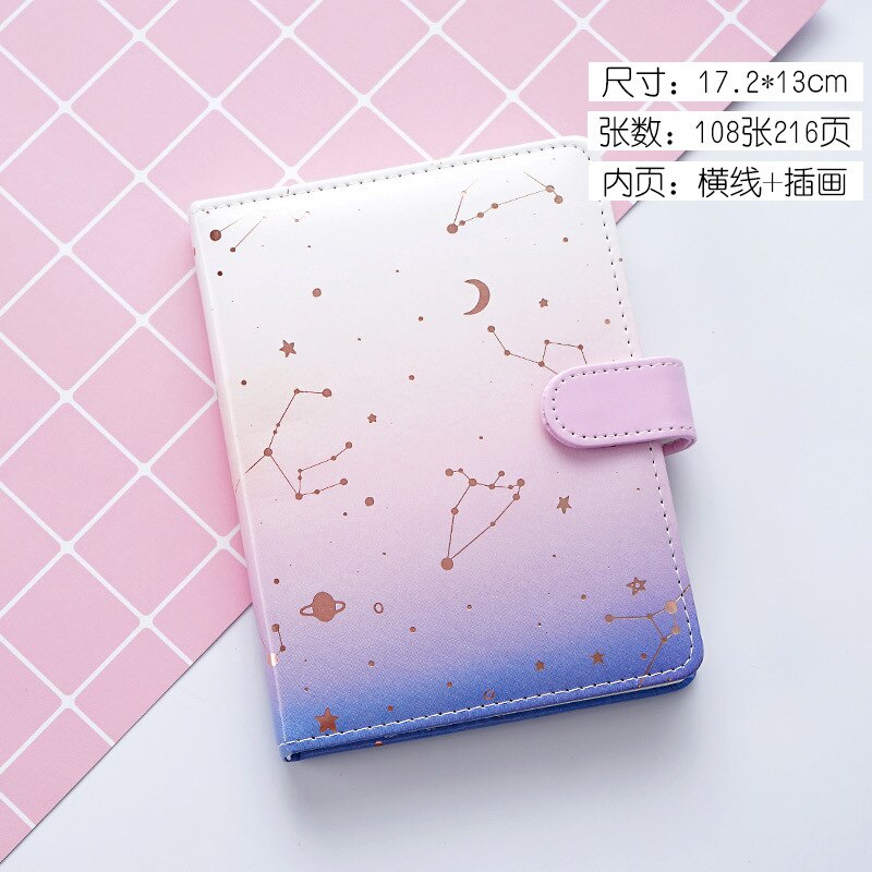 Cute Kawaii Coloring Page Notebook A6 PU Leather constellation Diary Horizontal Line School Office Stationery Supplies: purple