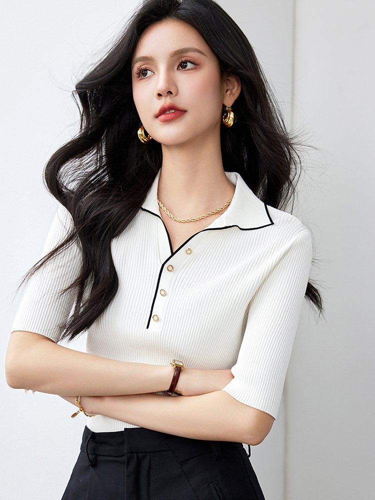 Striktrøje dame korte ærmer smalle revers toppe kontrast strik top dame skinny ribbet pullover