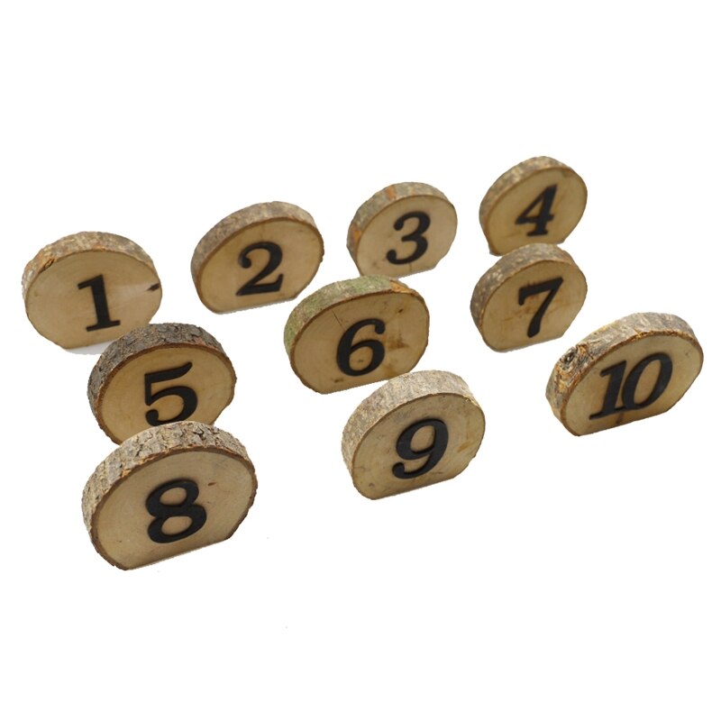 10Pcs 1-10 Rustic Wedding Table Numbers Round Wooden Log Slice Tree Bark Ornament Seat Digtal Card Banquet Party Decor