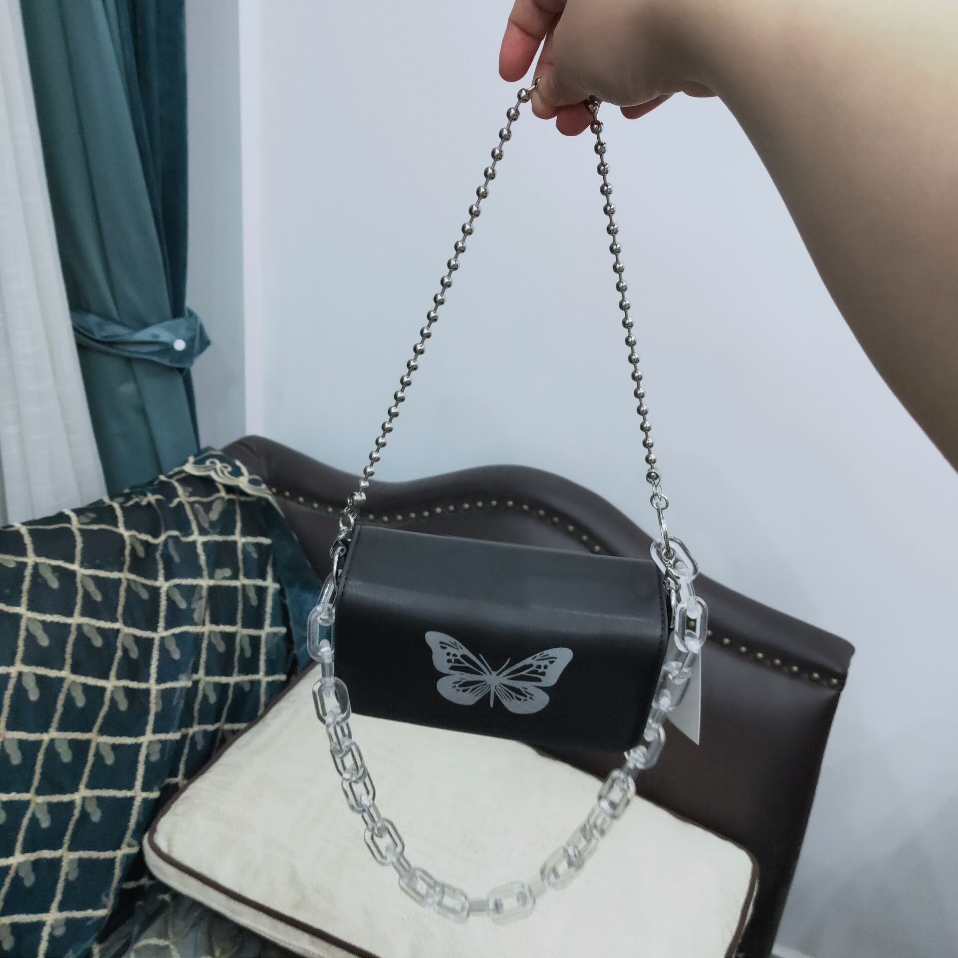 Dameveske kjede en skulder liten veske deksel dame søt jente vintage messenger cross body bag sommerfugl svart  gh25698