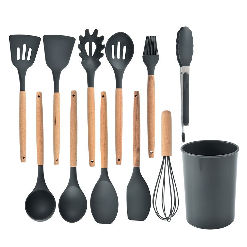 Kitchen Silicone 12-piece Set Wooden Handle Nonstick Silicone Cookware Set: A