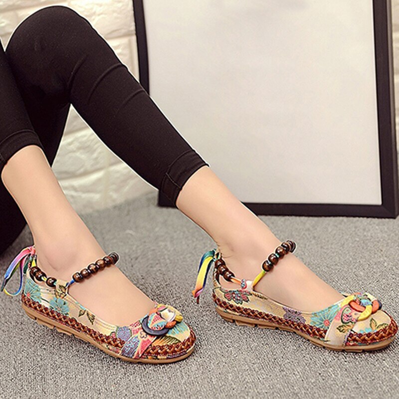 Mocasines coloridos étnicos con cordones y cuentas para mujer, zapatos planos de punta redonda cómodos, novedad