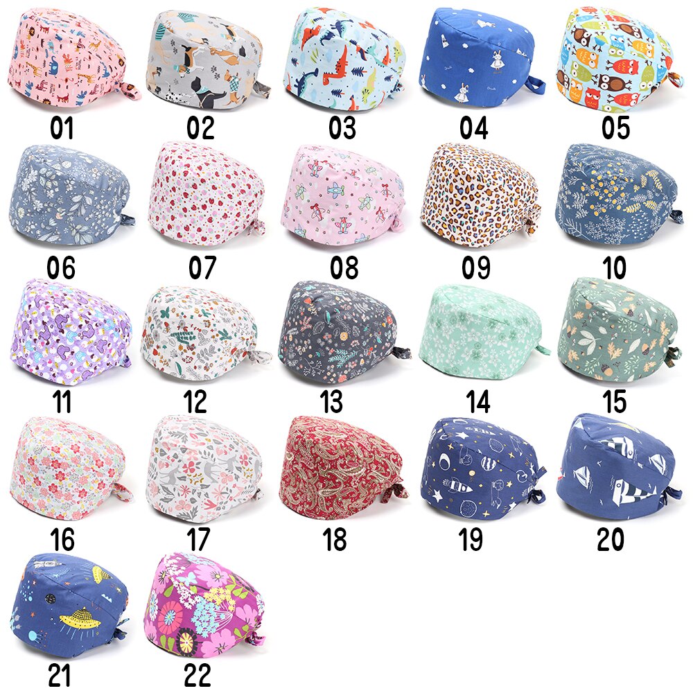 1PC Cotton Scrub Cap Adjustable Elastic Printing Hat Bouffant Head Cover Kitchen Hat With Sweatband Hair Accessories for Unisex