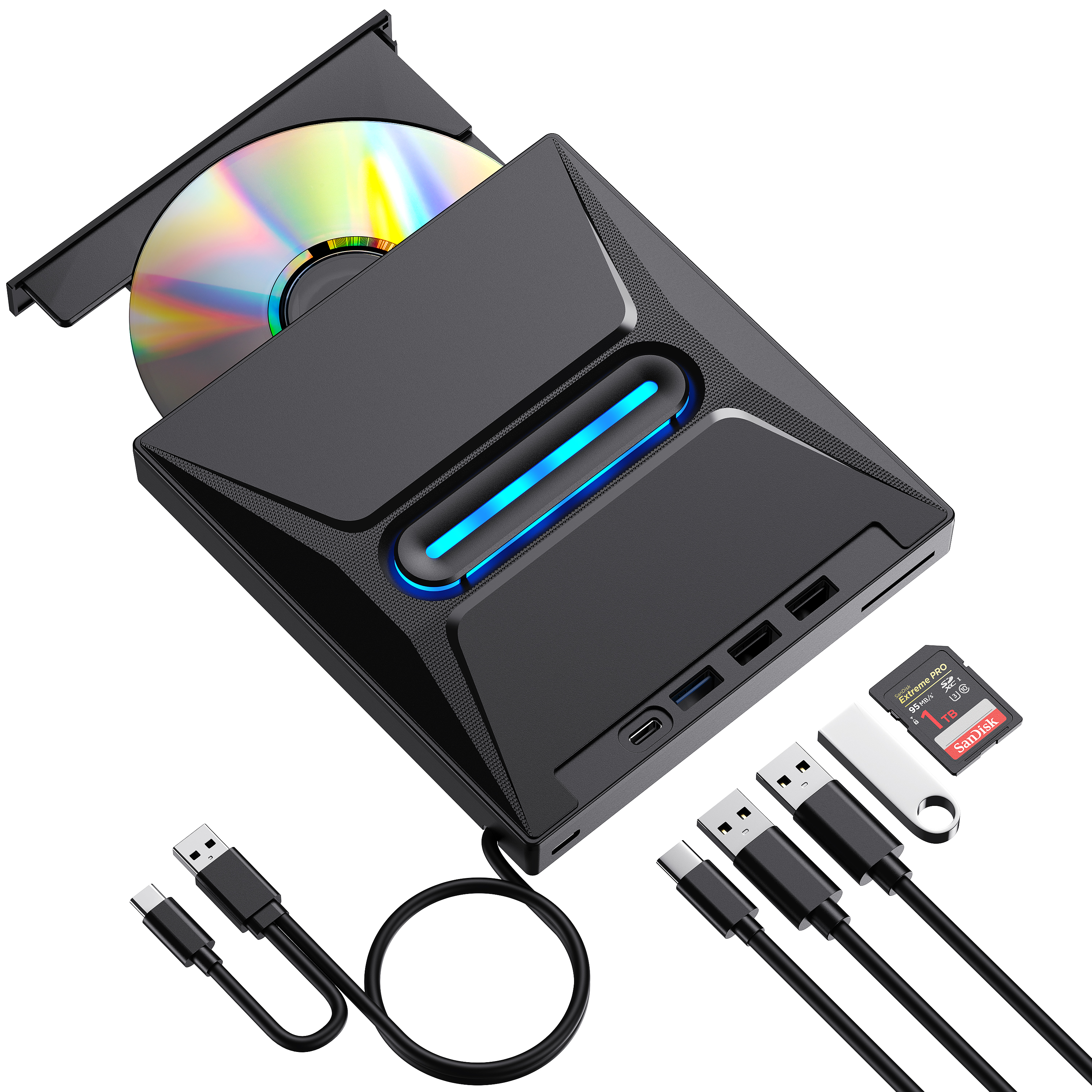 External CD DVD Drive Pro - Portable Typ C CD/DVD+/-RW Drive with SD Card Reader, CD ROM Burner, and DVD Player Hub - Co